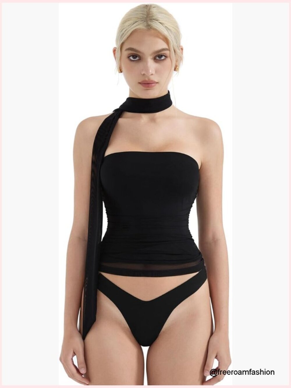 Strapless Mesh Tube Top Ruched Bandeau Tank with Scarf Y2K Style